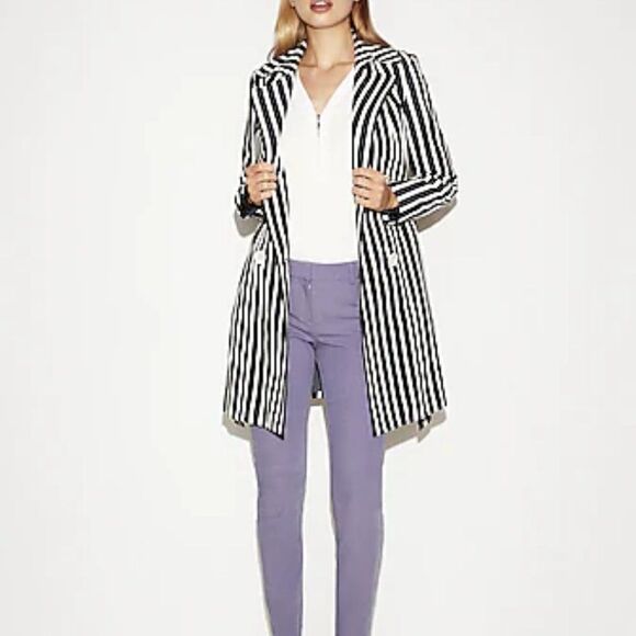 Express Navy Blue & White Striped Belted‎ Trench Coat Size Small - Picture 1 of 7